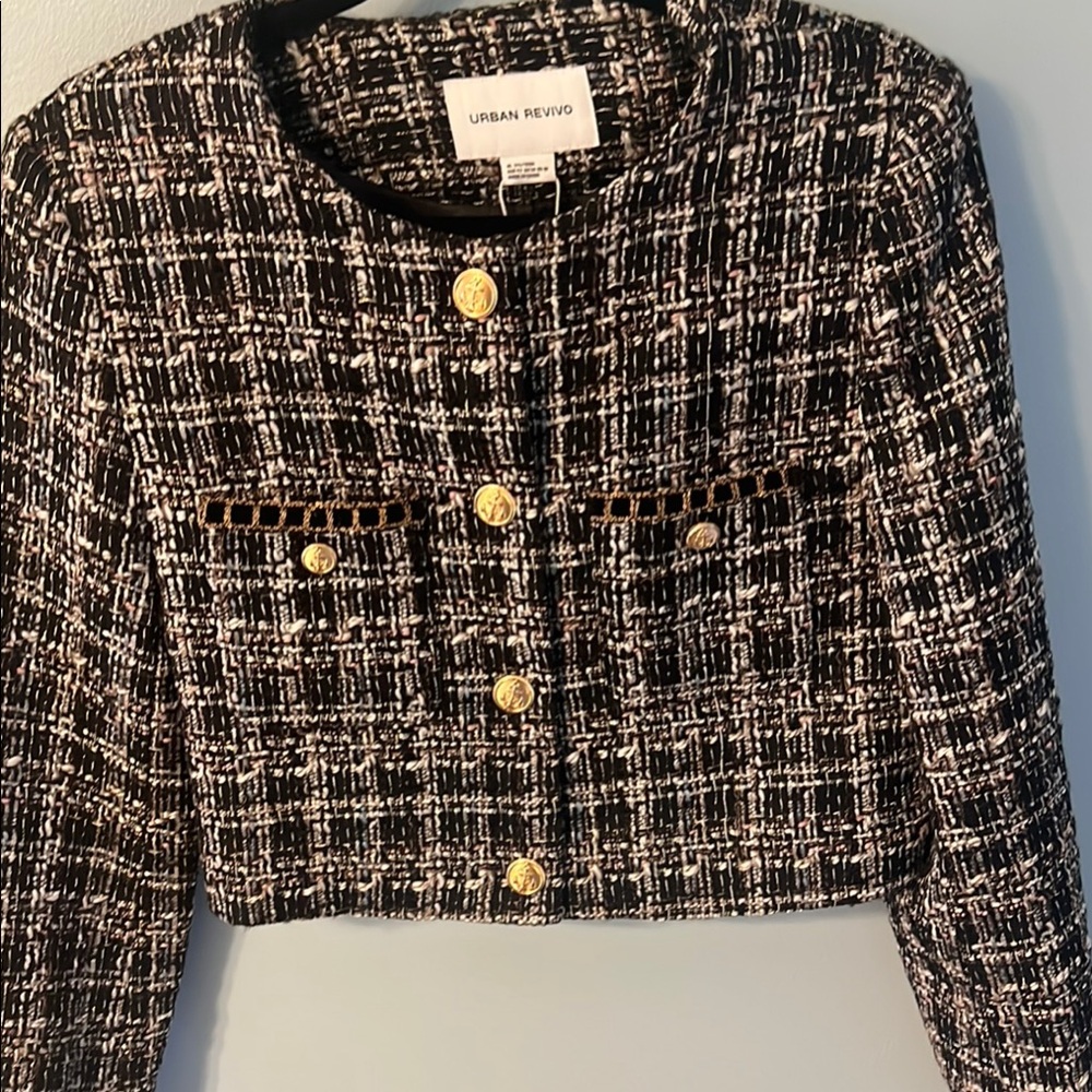 Black and White Checkered Blazer with Textured Tweed